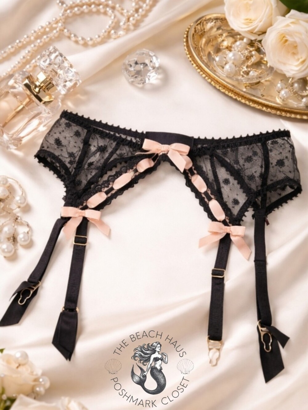 Agent Provocateur Black Lace Pink Bow Garter Belt Mesh Size M - Picture 3 of 13